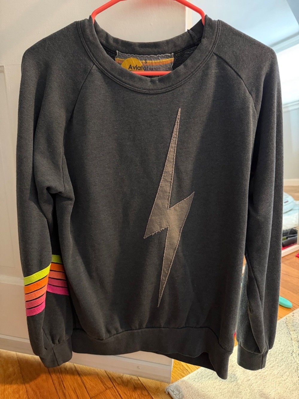 Aviator Nation Charcoal/Gray Sweatshirt with Neon Stripe Sleeve
